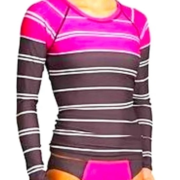Athleta Colorblock Striped Pink/Brown/White Long-sleeve Rash-guard - Picture 1 of 13